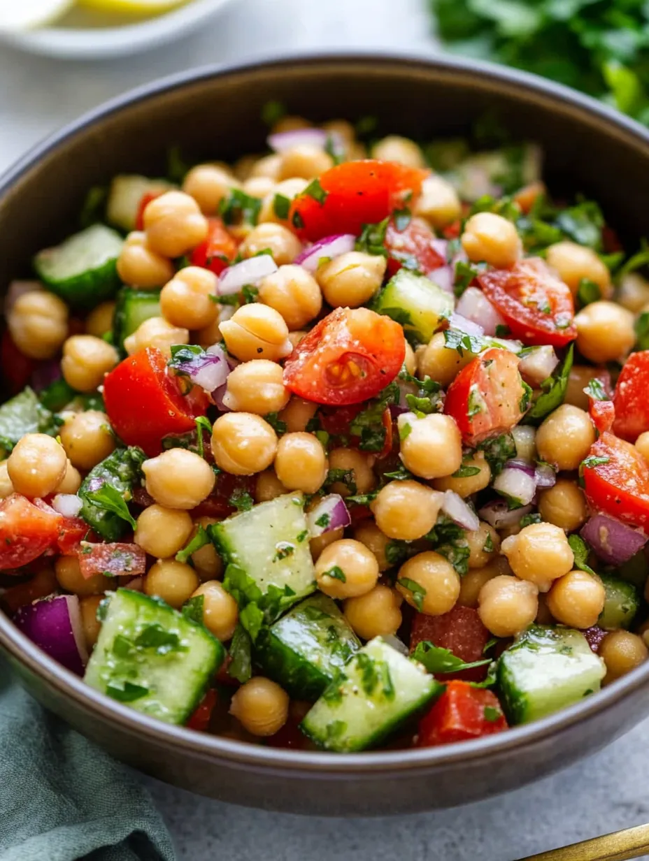 A bowl with chickpeas and fresh veggies.