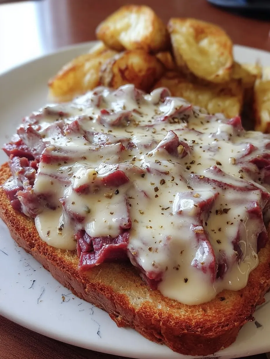 A plate stacked with toast topped with creamy beef and cheese.