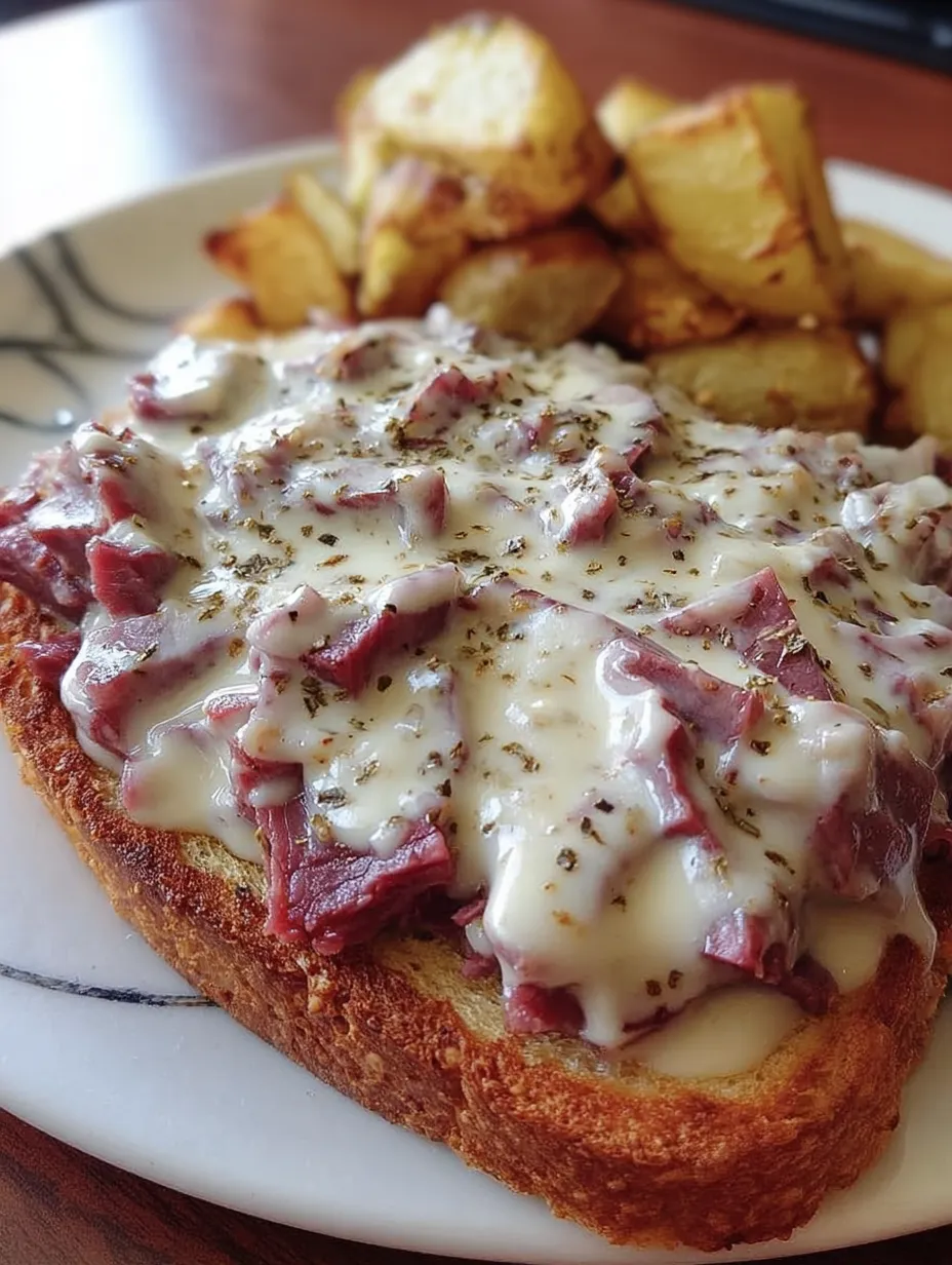 A plate with beefy toast and roasted potatoes.