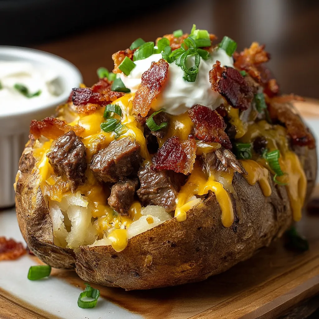 Close shot of a potato stuffed with melty cheese and crispy bacon.