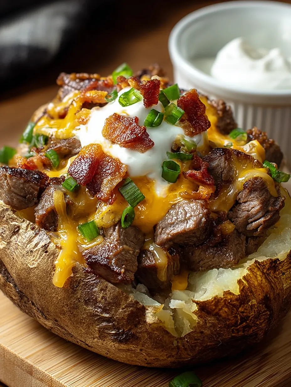 Close look at a potato packed with bacon and stretchy, melted cheese.