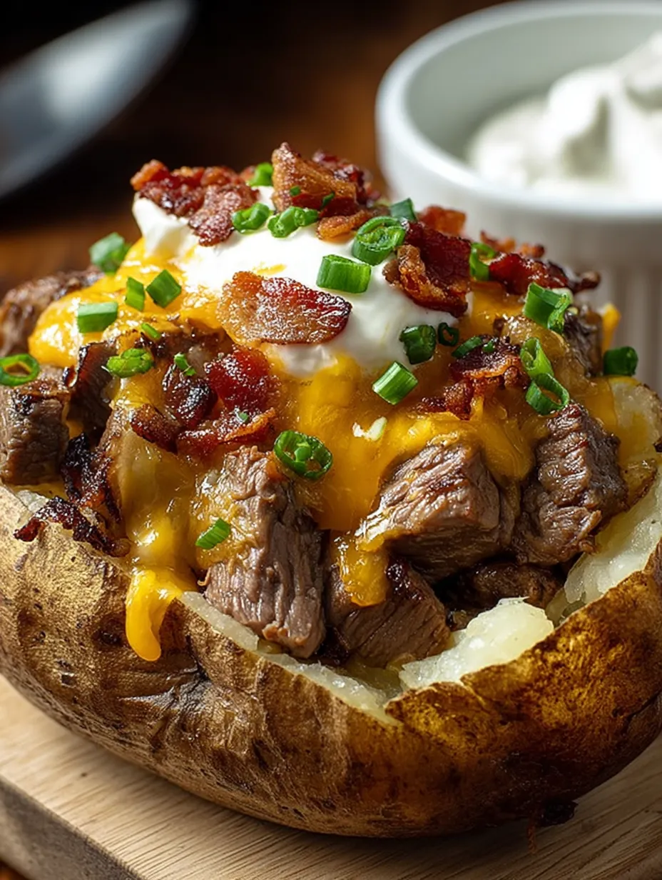 Bacon-wrapped steak sitting in a stuffed potato, close up.