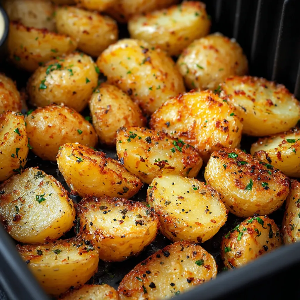 Potato slices with herbs popped on a tray.