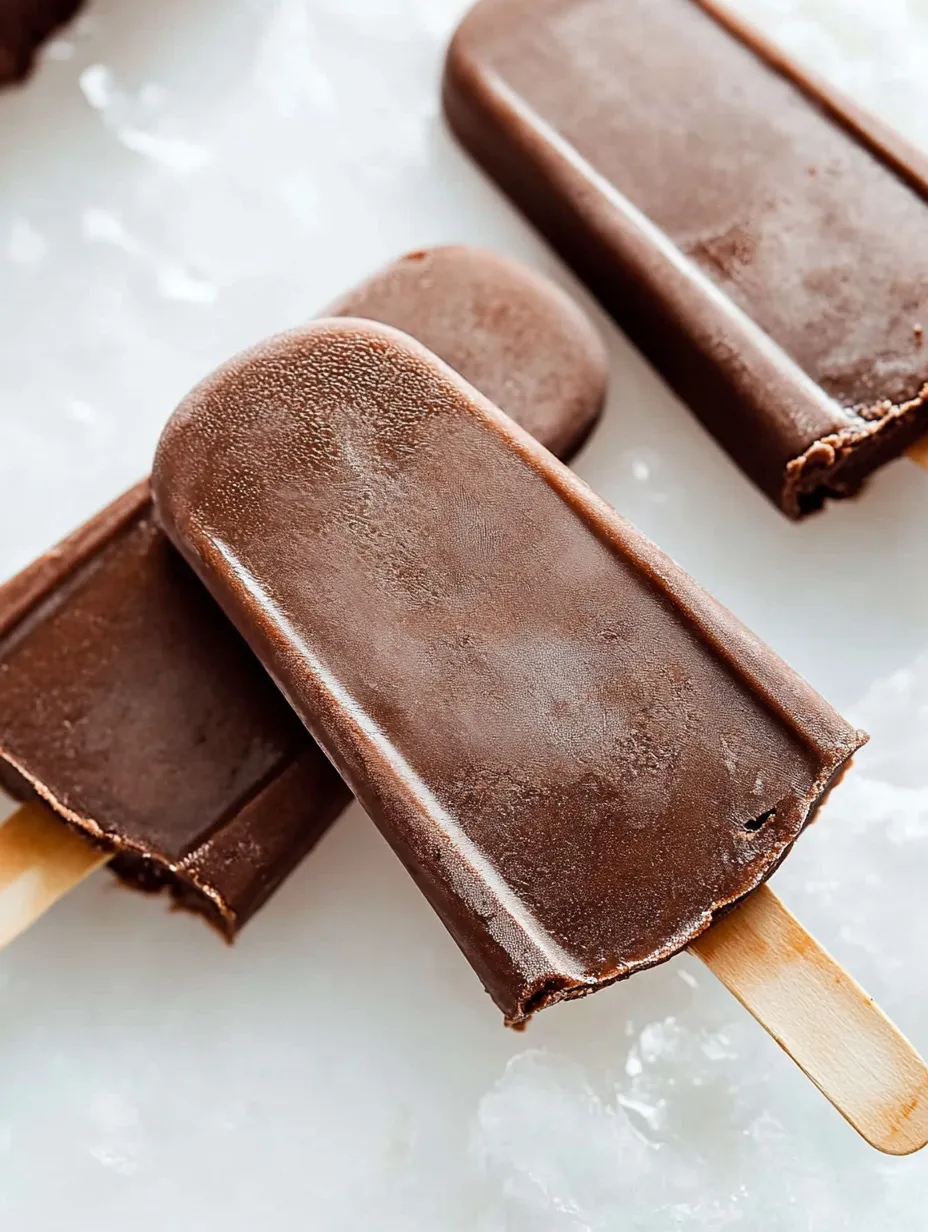 Three chocolate ice cream bars on a table.