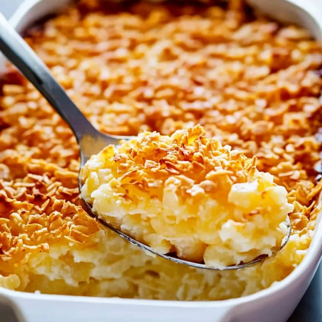 There's a spoon dipping into a bowl filled with cheesy potatoes and crispy topping.