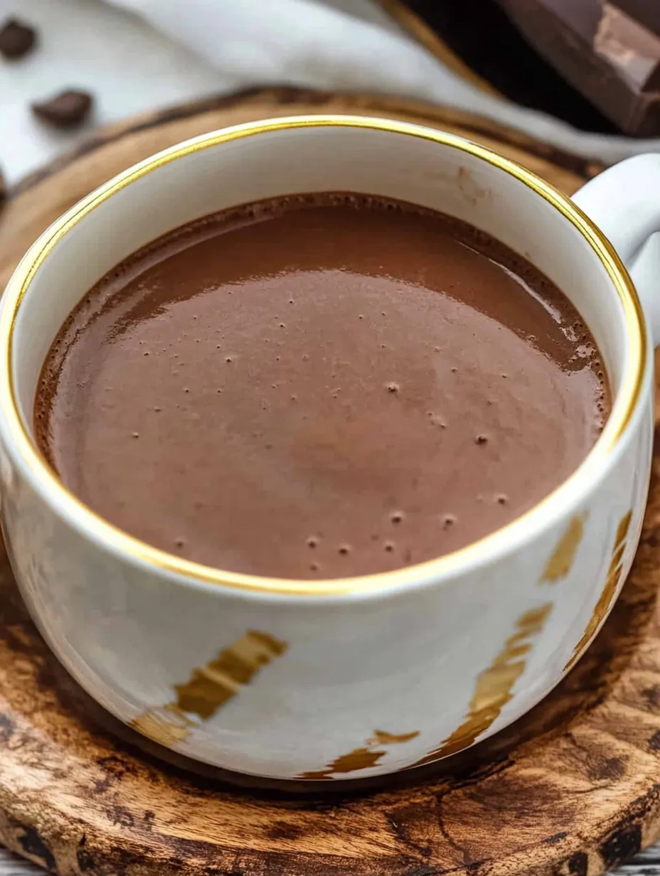 A cup of chocolate is on a table.