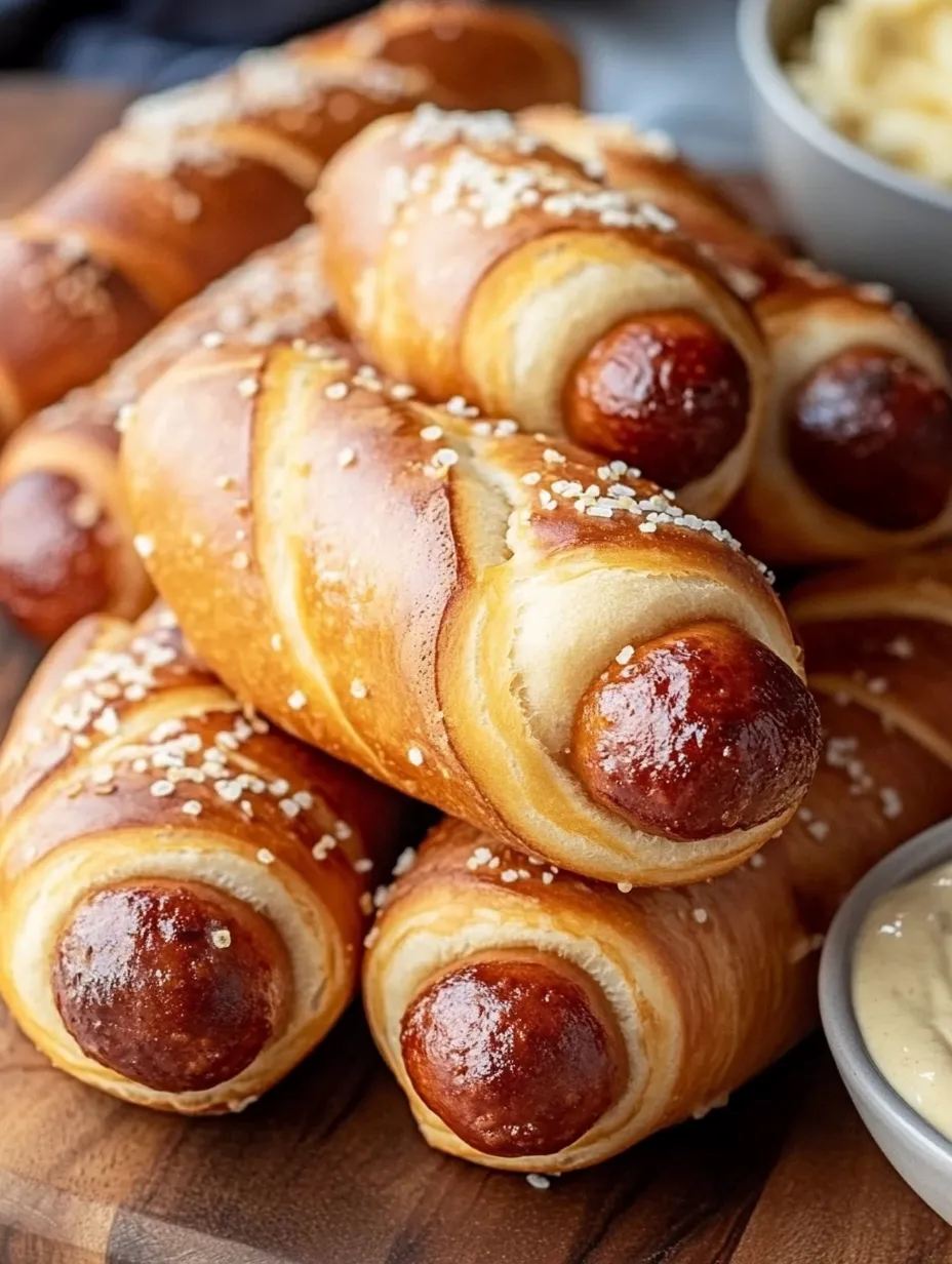 Hot dogs tucked in buns with bright mustard squiggles.