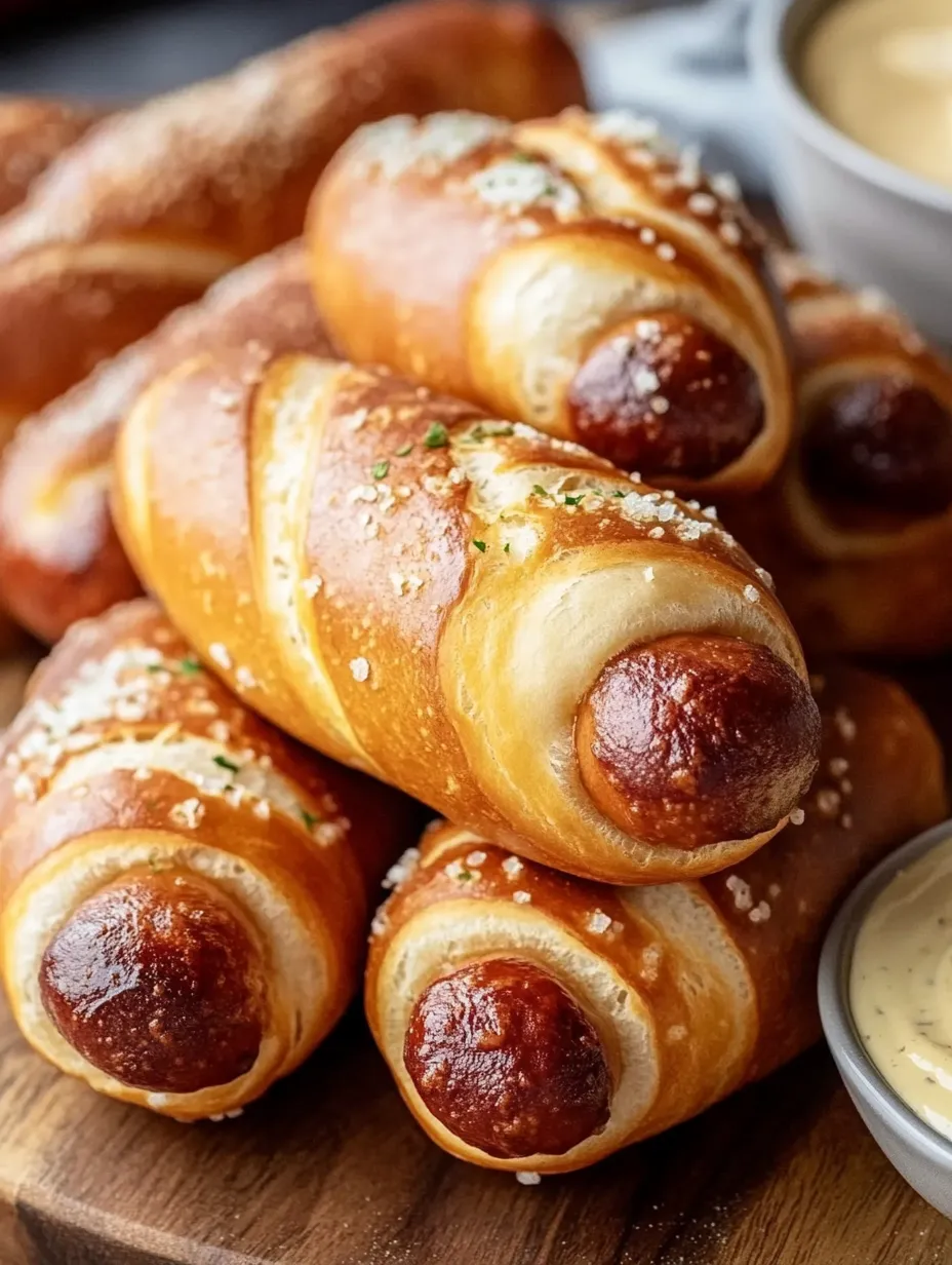Pretzel dogs piled in a bowl with dipping sauce nearby.