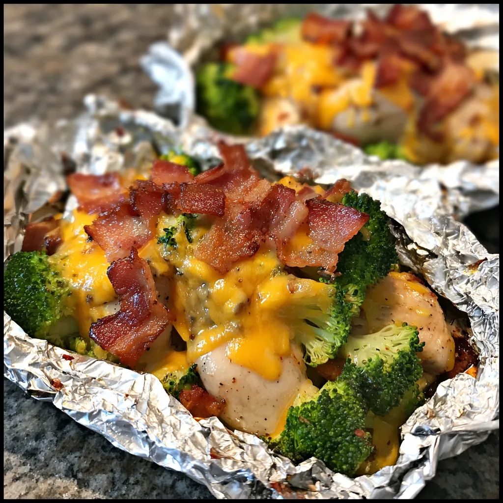 A dinner of chicken, broccoli, and bacon wrapped in foil.
