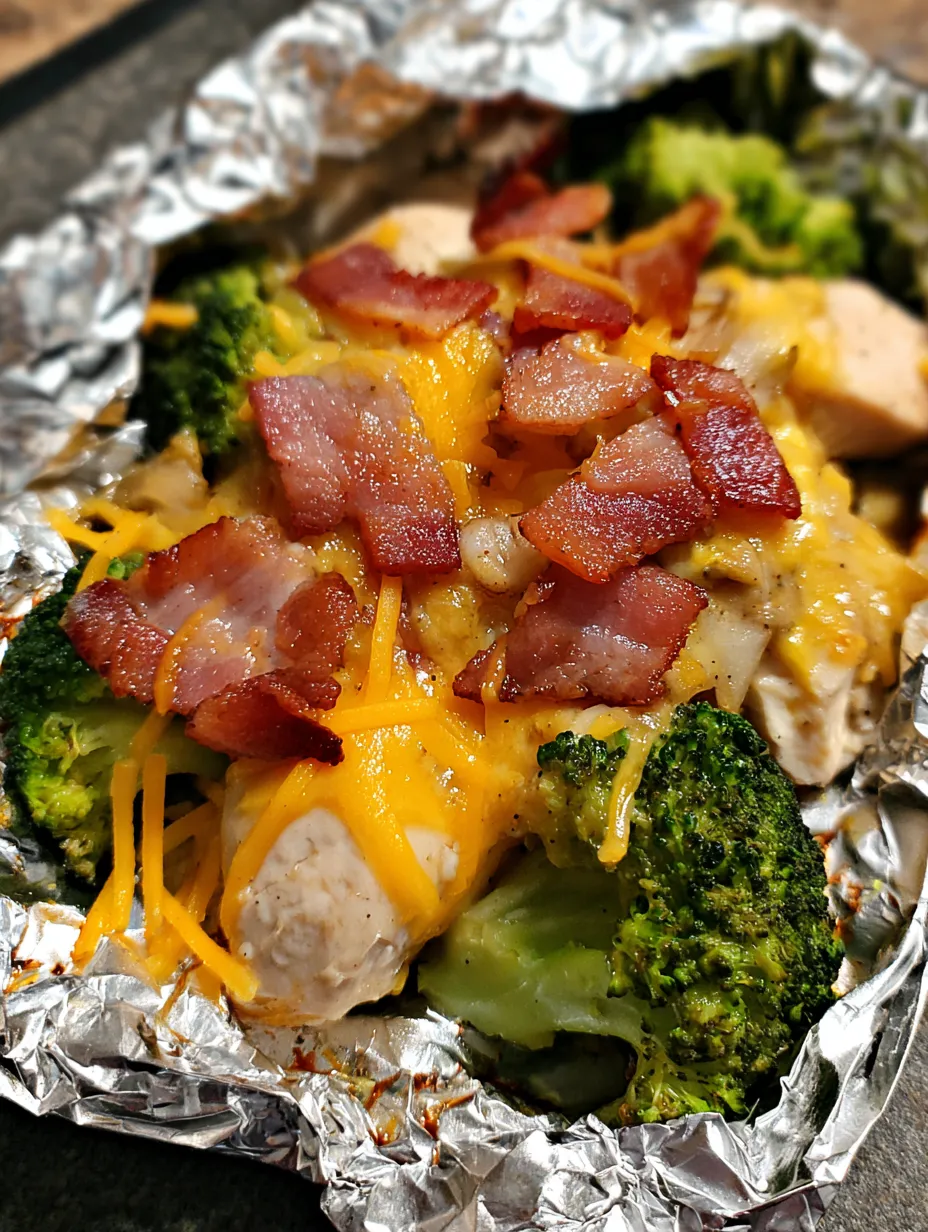 Bacon and broccoli resting on foil on a plate.