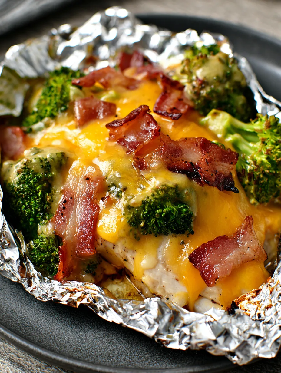 Bacon and broccoli tucked inside foil wraps.