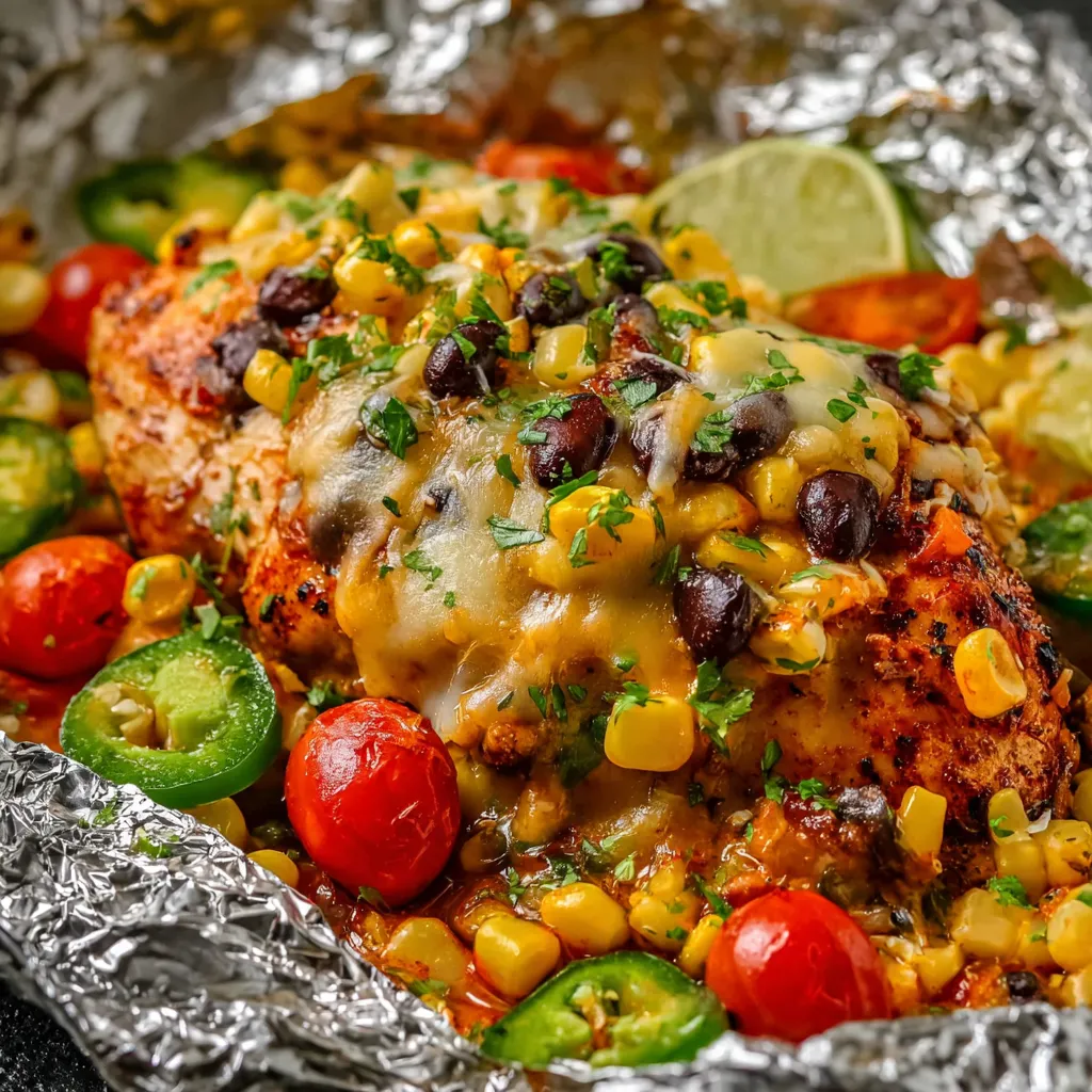 Chicken, corn, peppers, and tomatoes wrapped in foil sitting on a plate.