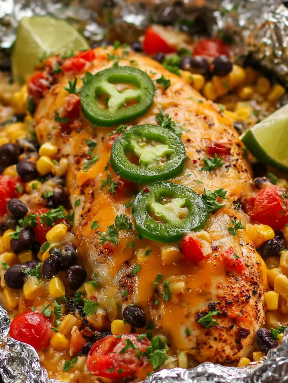 Chicken, corn, beans, and jalapenos served together on a plate.