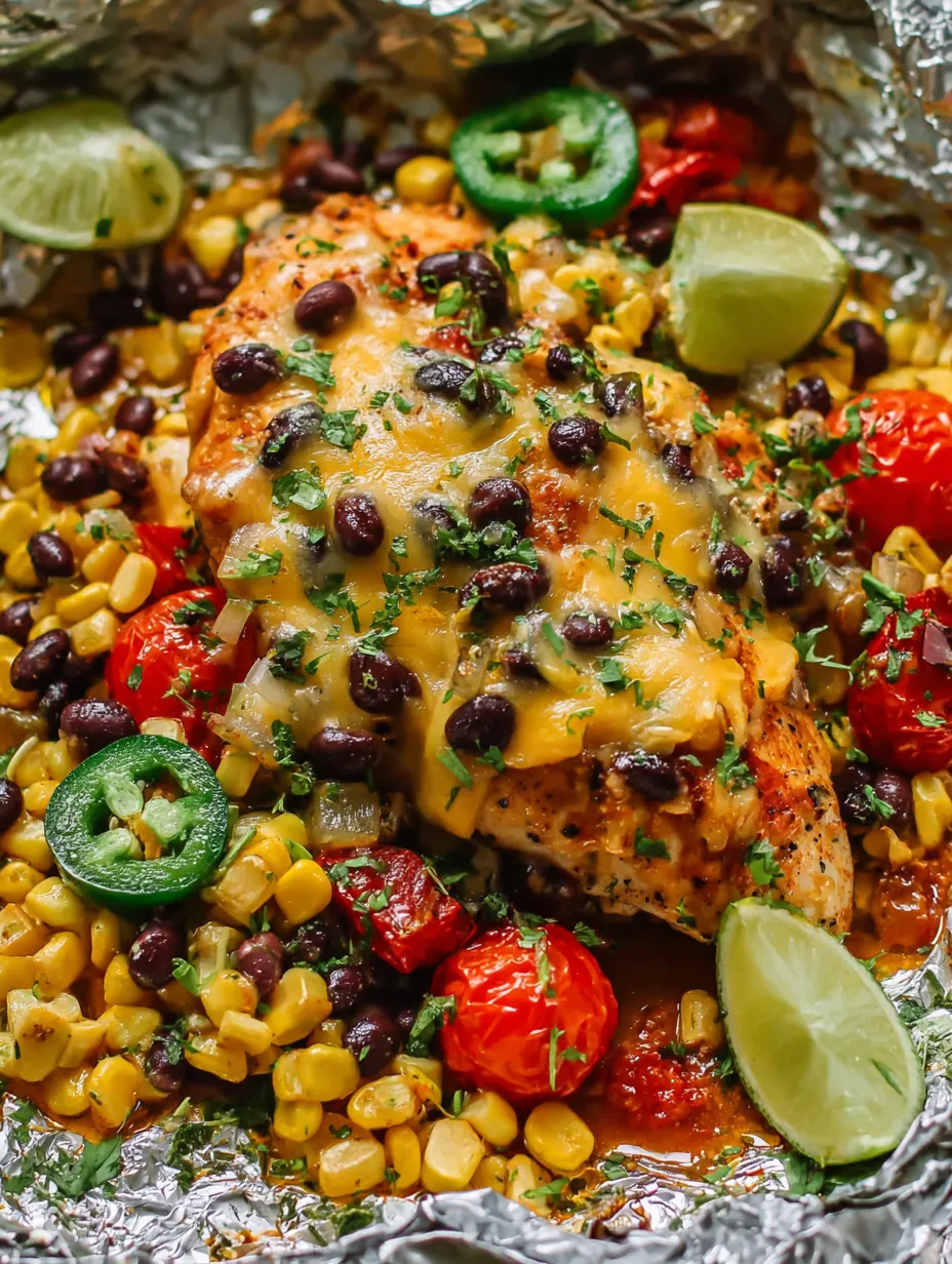 Chicken, beans, corn, tomatoes, and limes together on a plate.