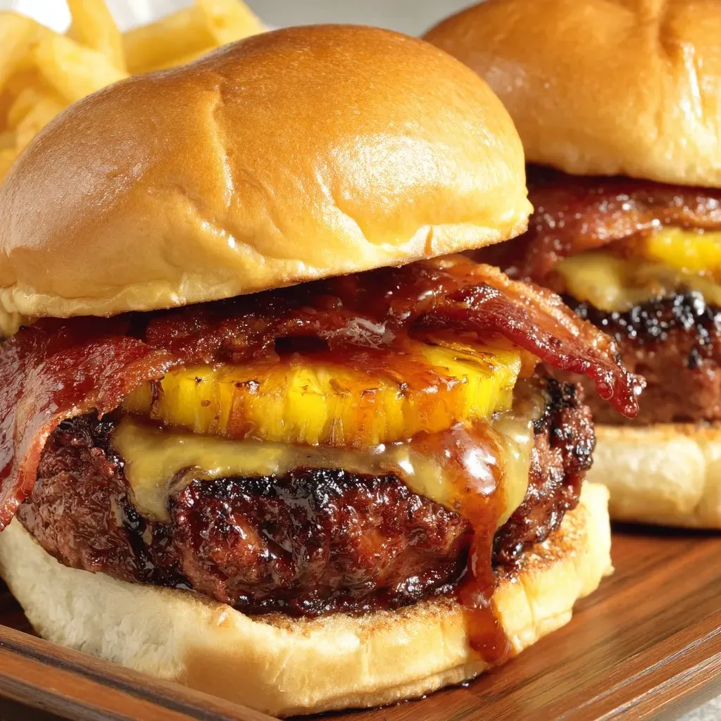 Burgers stacked with pineapple, bacon, and drippy BBQ sauce.