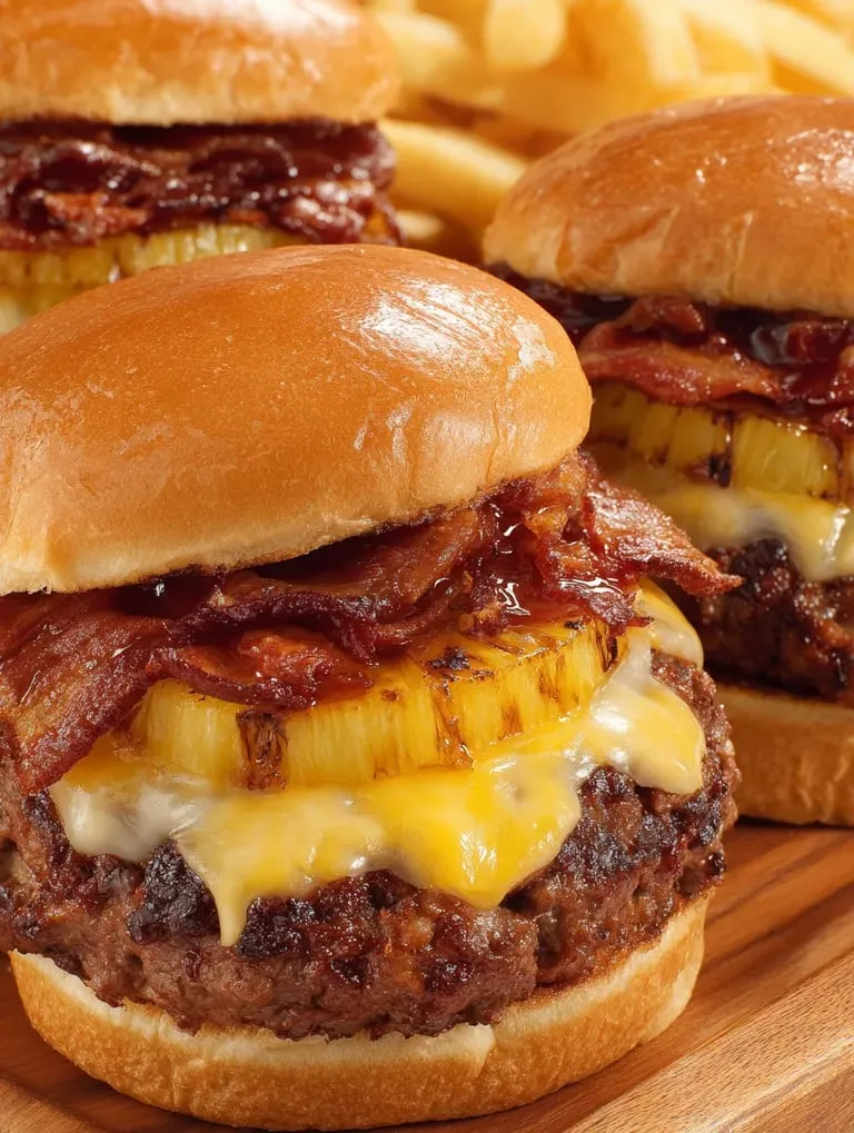 Two juicy bacon and pineapple burgers on buns.