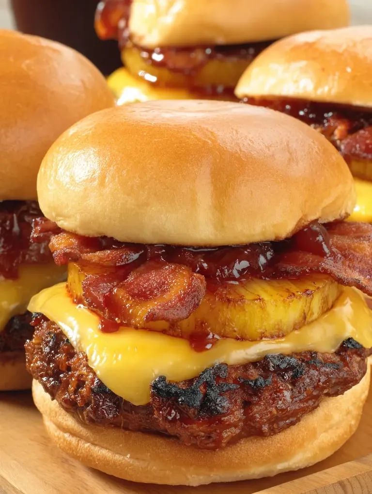 Closeup shot of a pineapple bacon cheeseburger on a bun.
