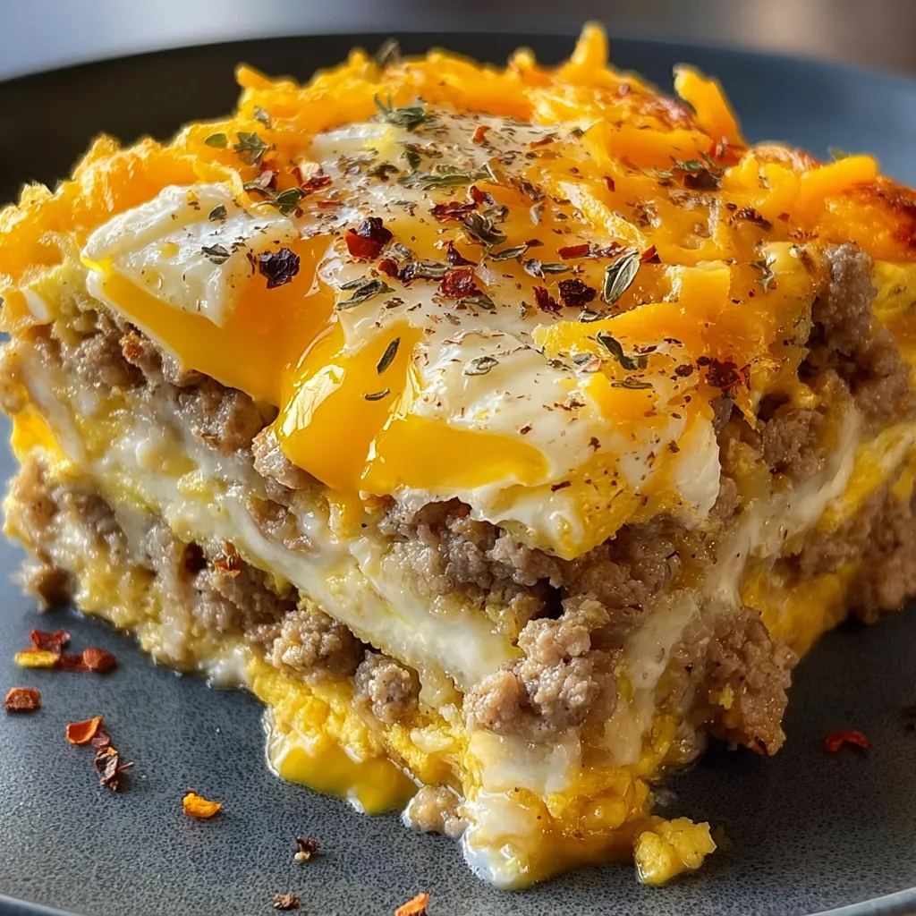 A thick square of hashbrown casserole on a plate with a fried egg up top.