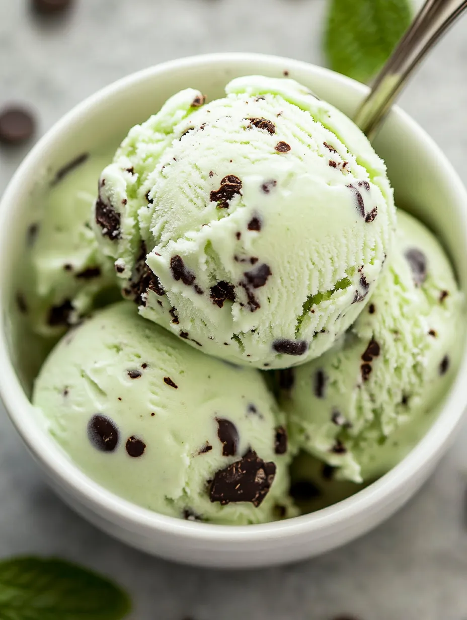 A bowl of green ice cream with chocolate chips.