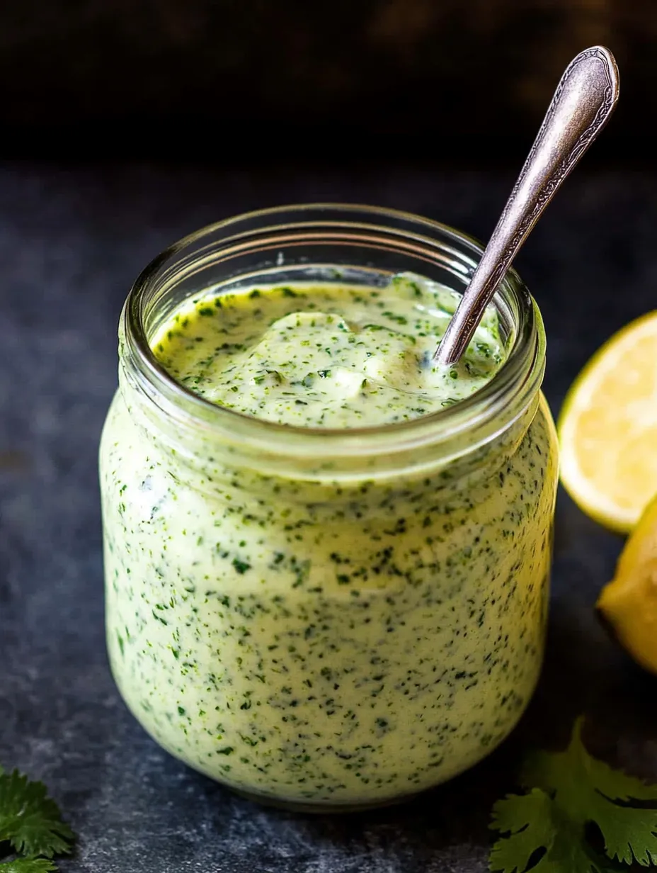 Jar of green sauce with a spoon inside.
