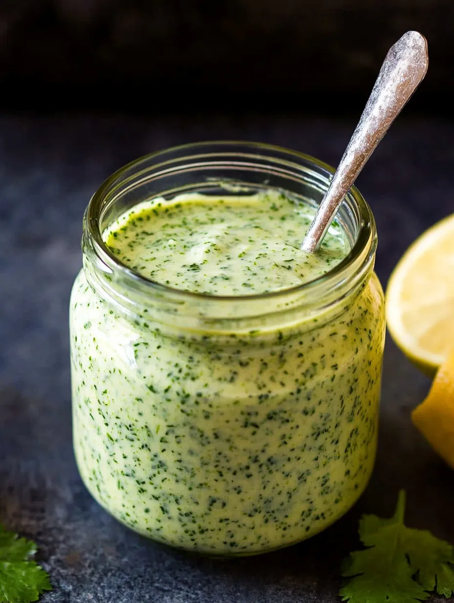 Jar of green sauce with a spoon inside.