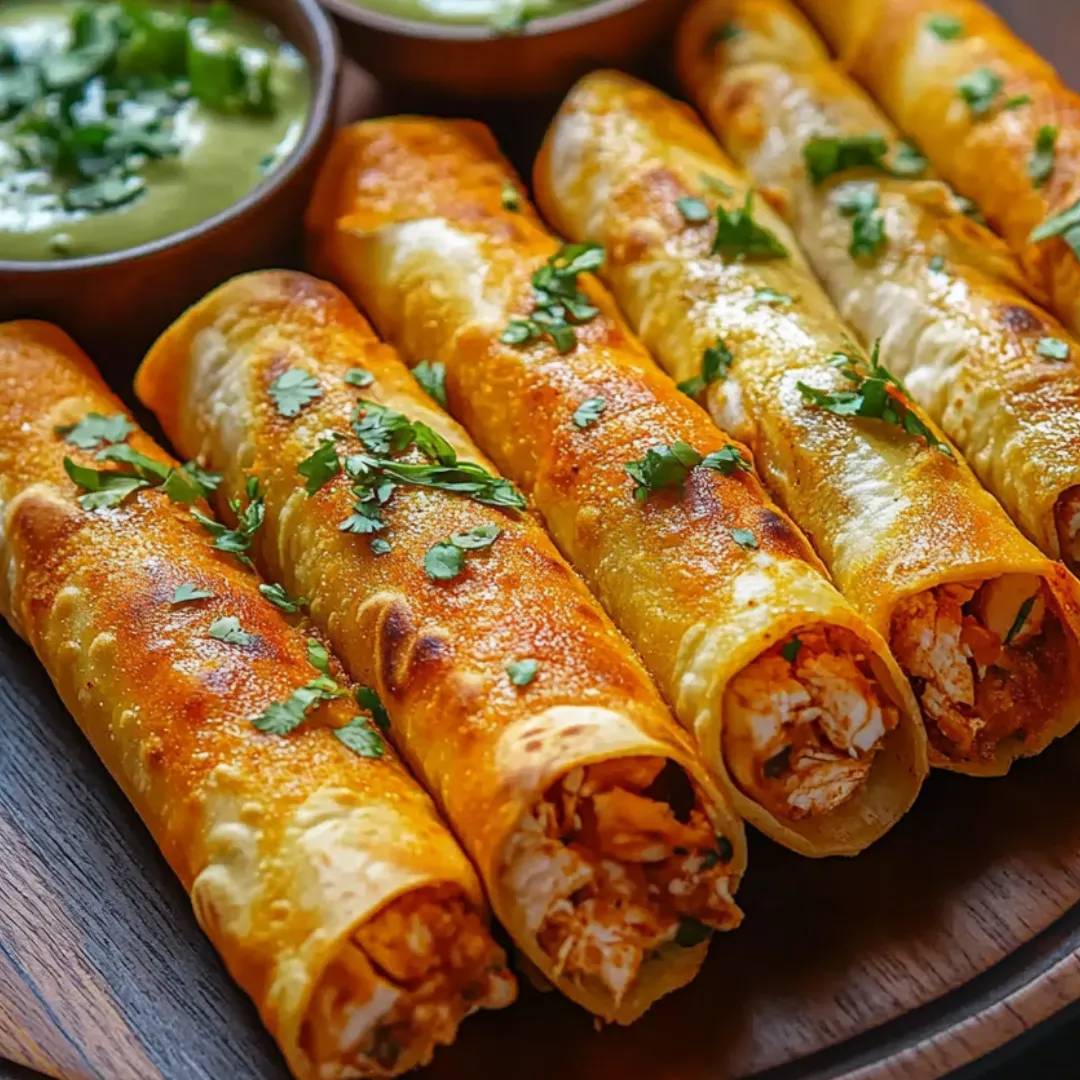 Some taquitos on a plate with a bowl of salsa on the side.