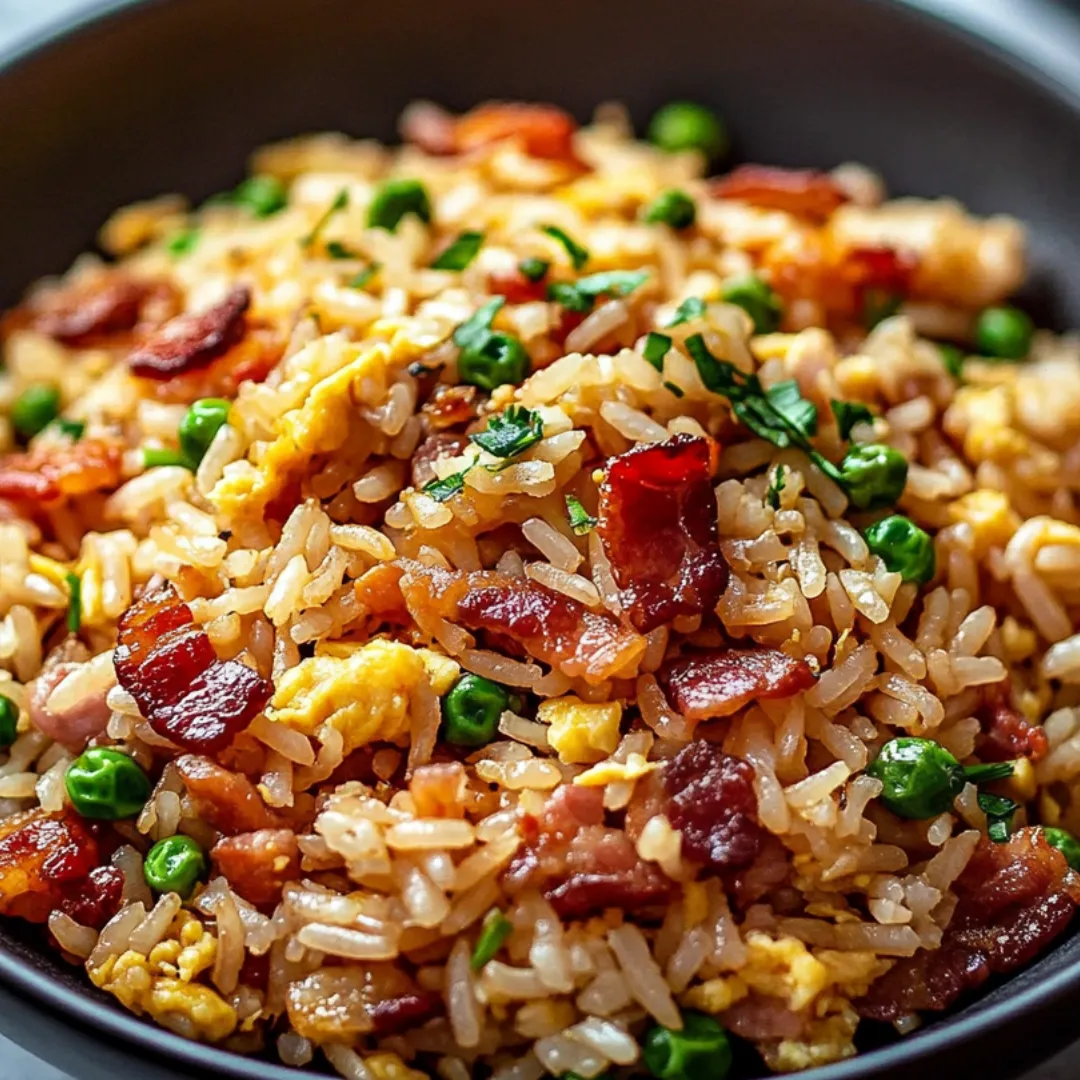 Bowl filled with bacon, rice, peas, and veggies.