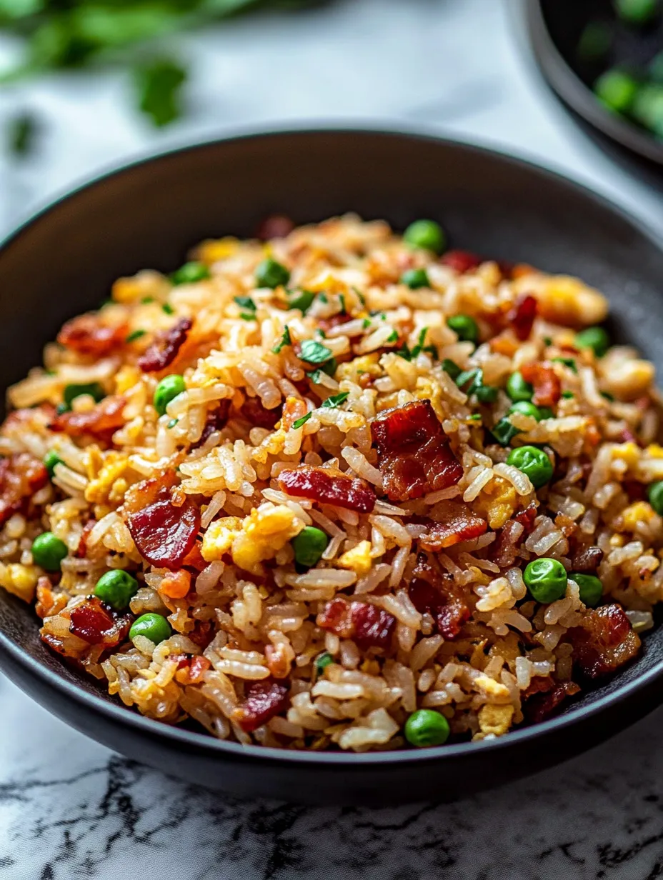 A bowl of rice with peas and bacon.