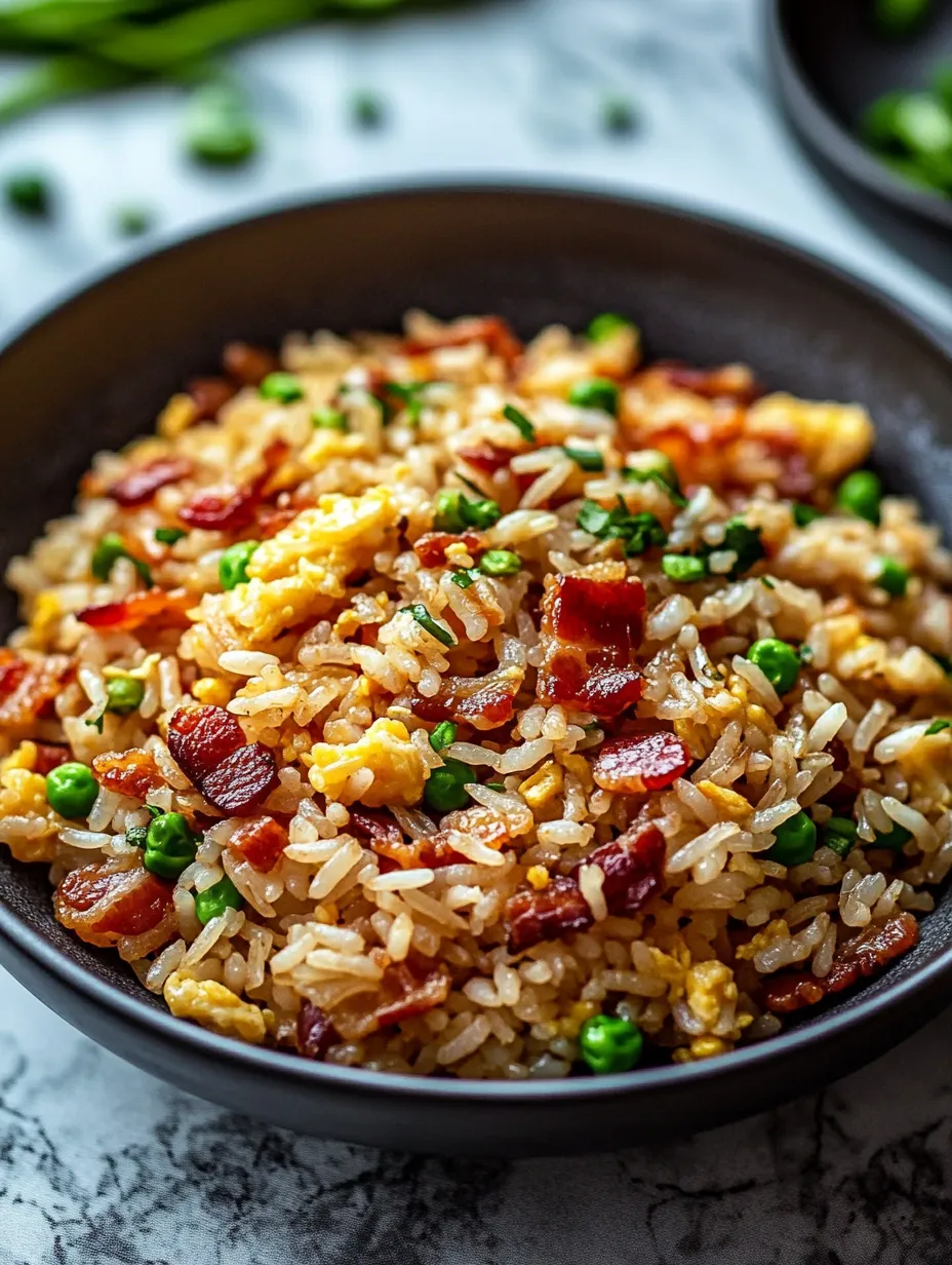 A bowl of rice with peas and bacon.