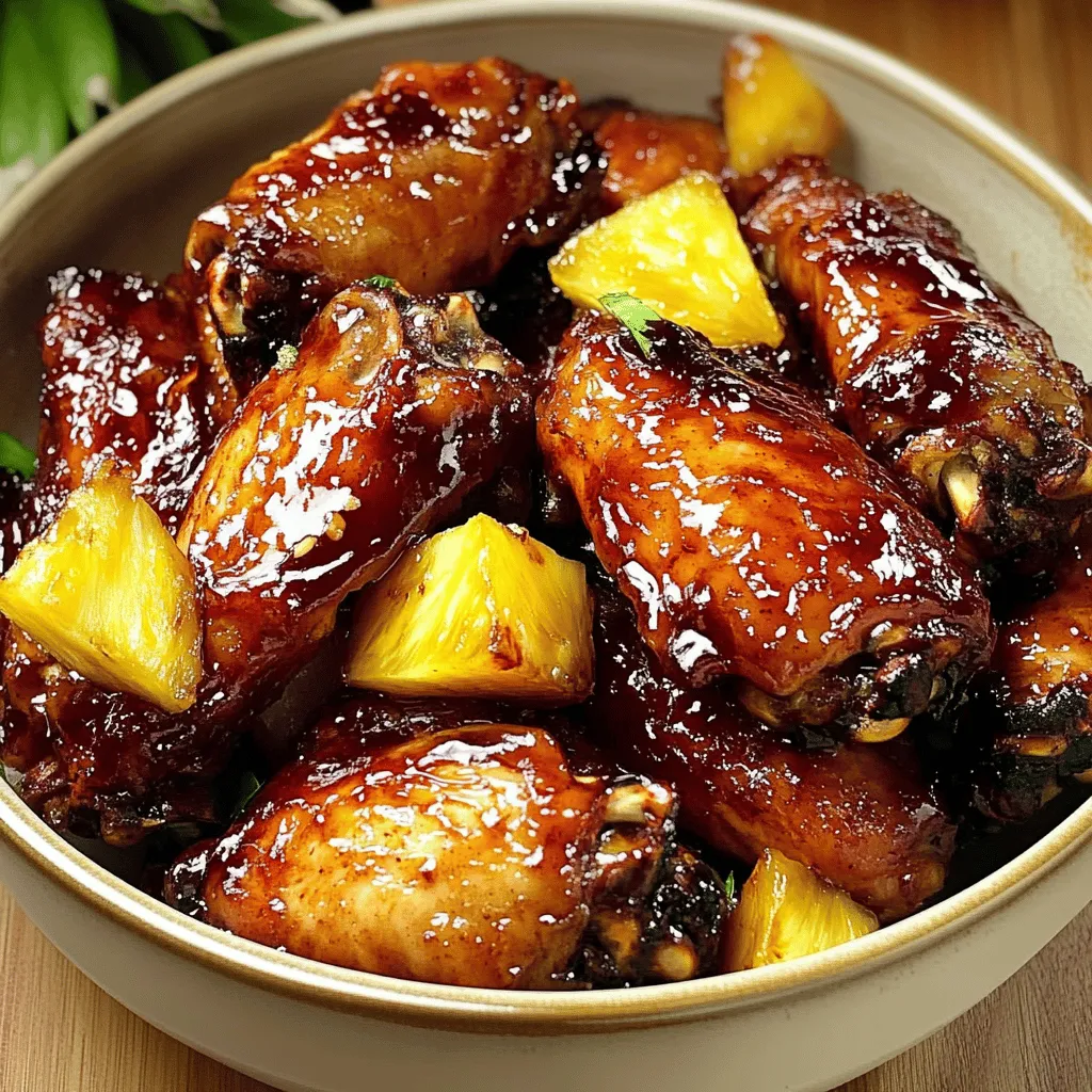 A bowl filled with pineapple-glazed wings and sauce.