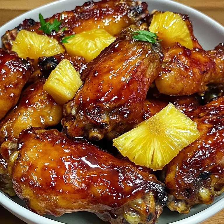 Chicken wings with pineapple tossed in a bowl.