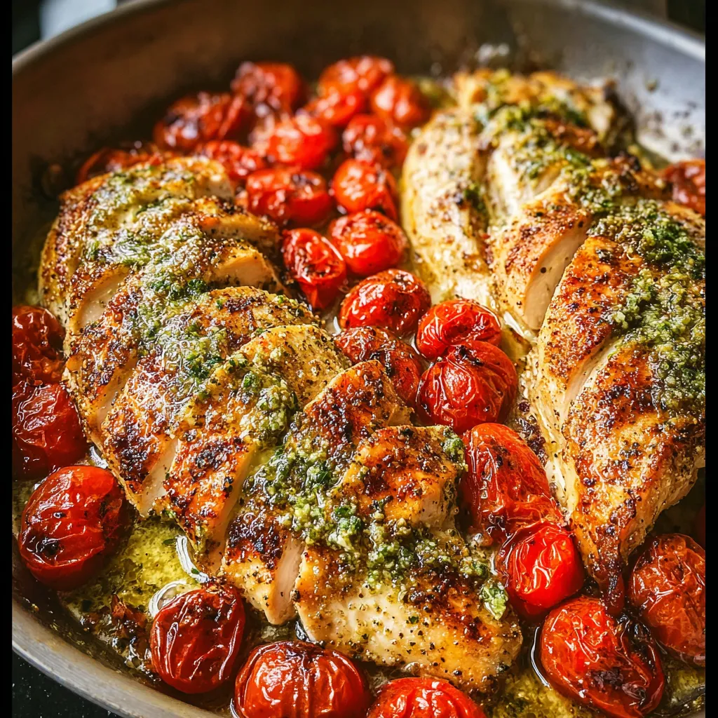 A pan of food with tomatoes and chicken.