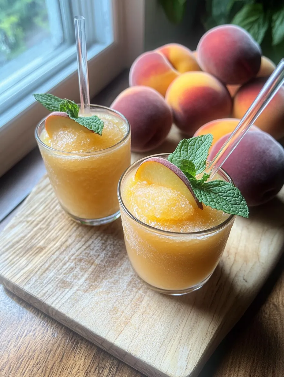 Two glasses filled with peachy drink topped with mint on wood.