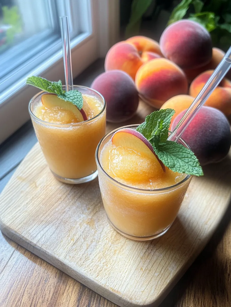Glasses of peachy lemonade topped with fresh mint.