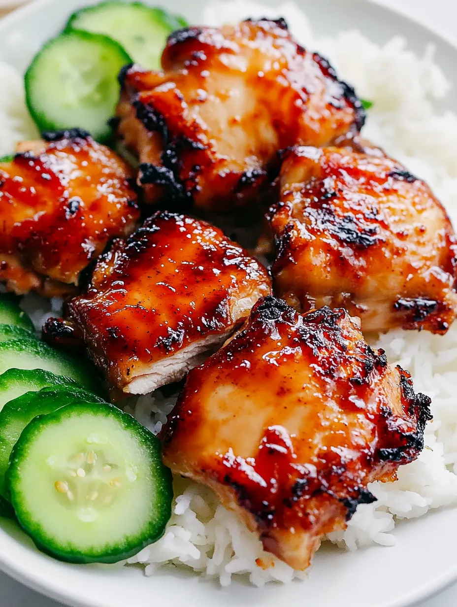 A plate with grilled chicken, cucumbers, and rice.