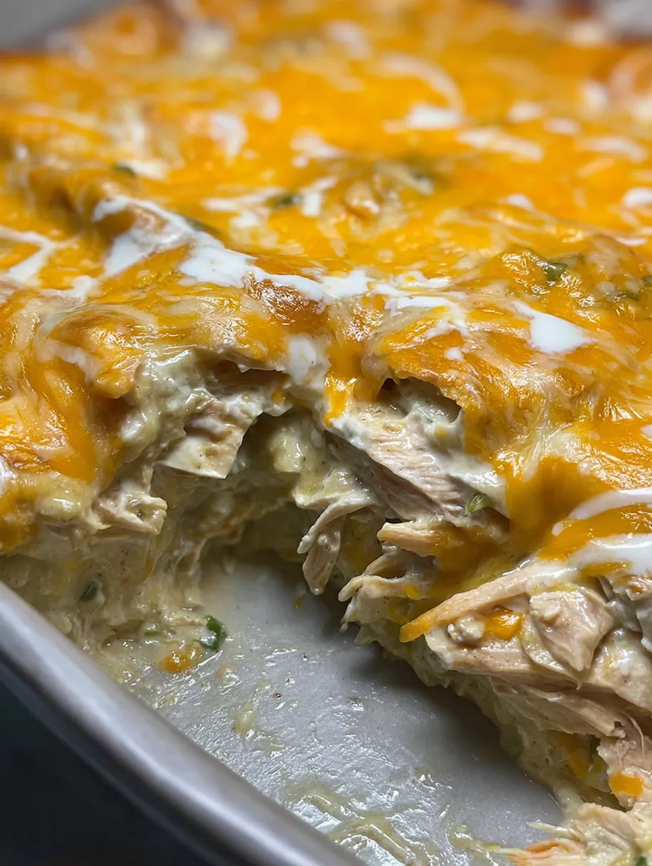 A cheesy casserole portion with chicken and chiles.