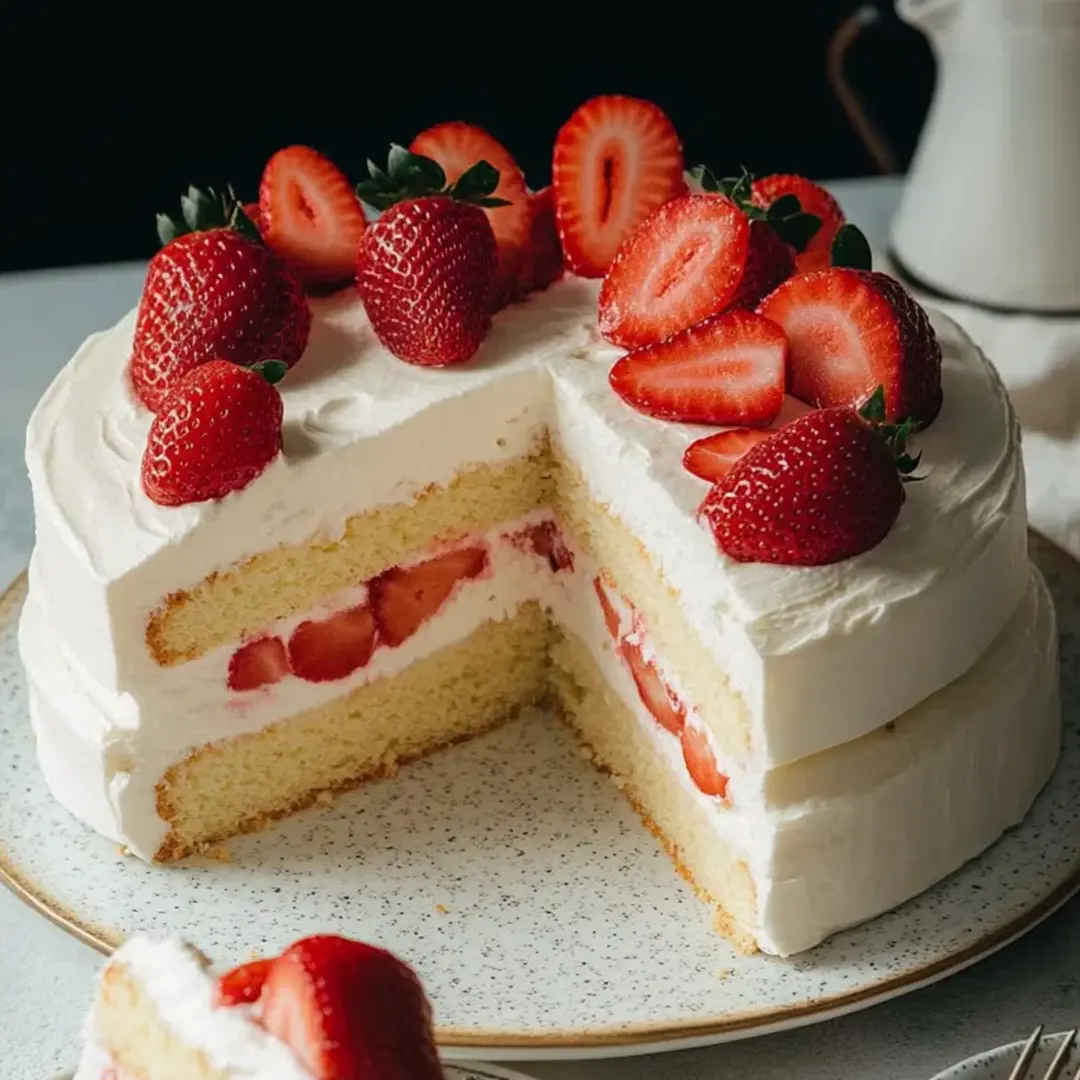 Strawberry-topped cake slice on a plate.