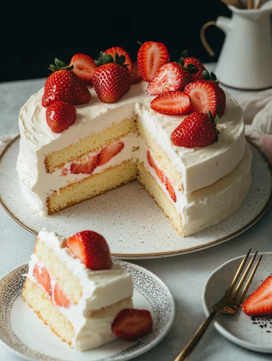 A forkful of fluffy cake with strawberries.