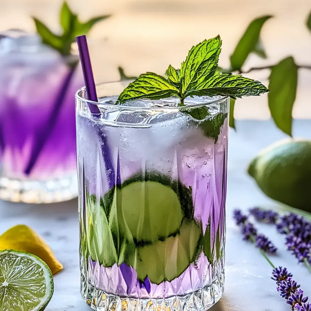 Purple mocktail in a clear cup with a cucumber top.