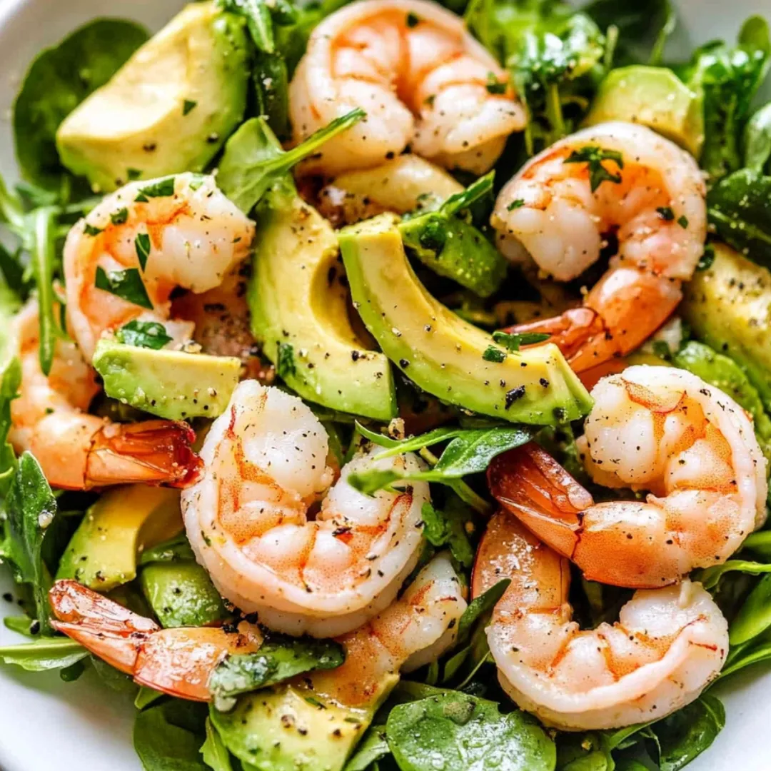 Bowl packed with shrimp, avocado, and greens.