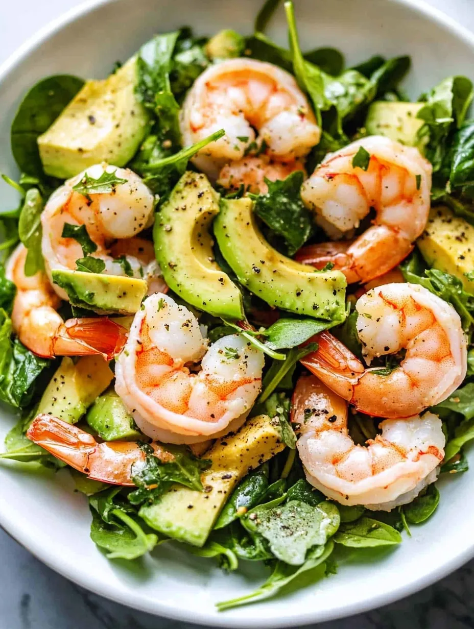 A bowl with avocado shrimp salad on top of greens.