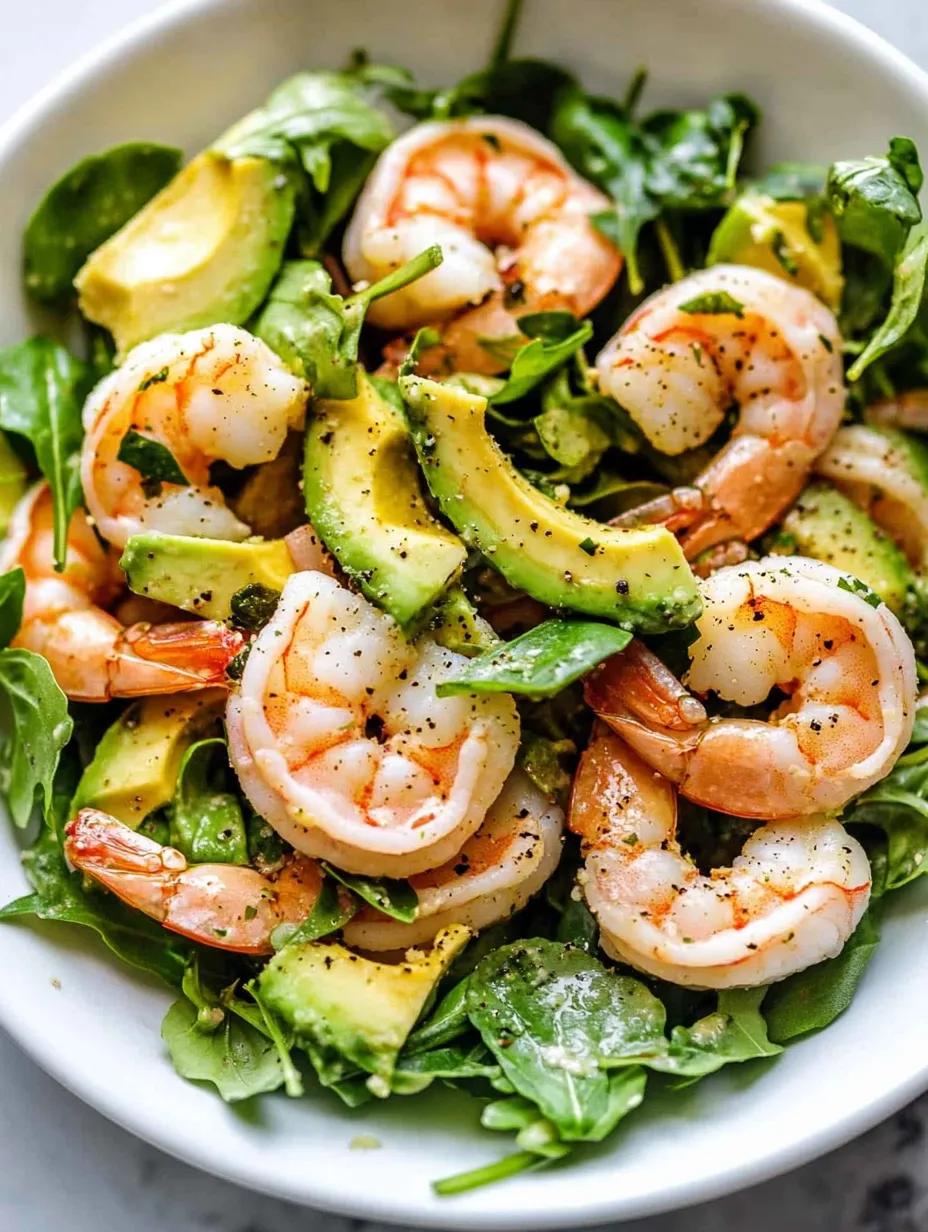 A bowl with avocado shrimp salad on top of greens.