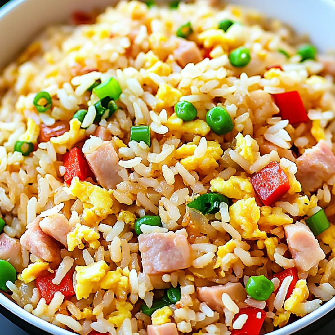 White bowl of fried rice with green peas and pieces of ham.