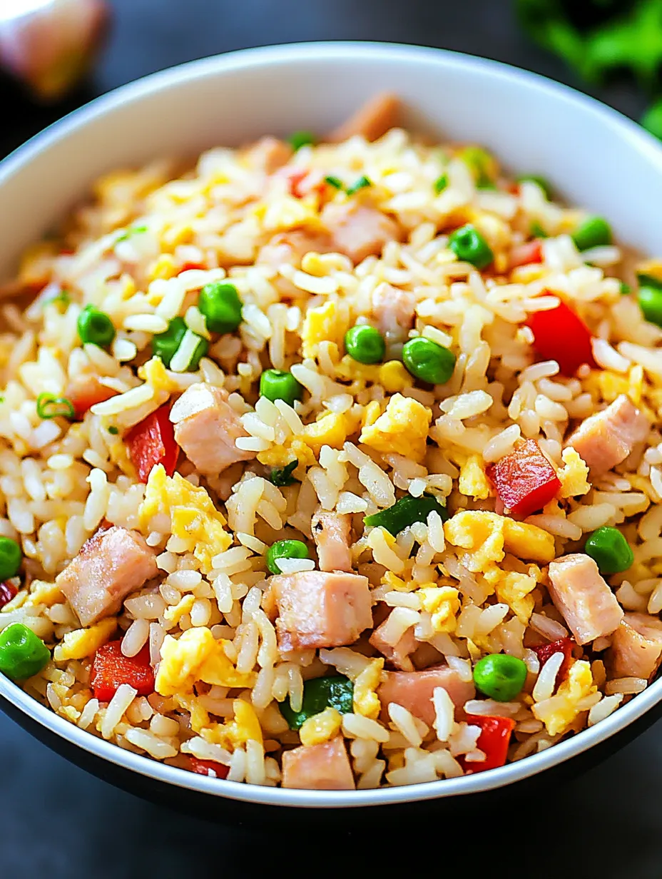 A bowl of rice with peas and ham.