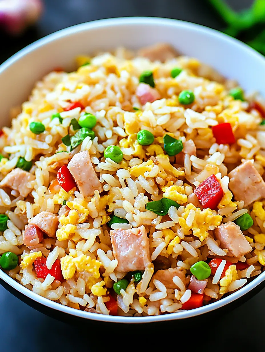 A bowl of rice with peas and ham.
