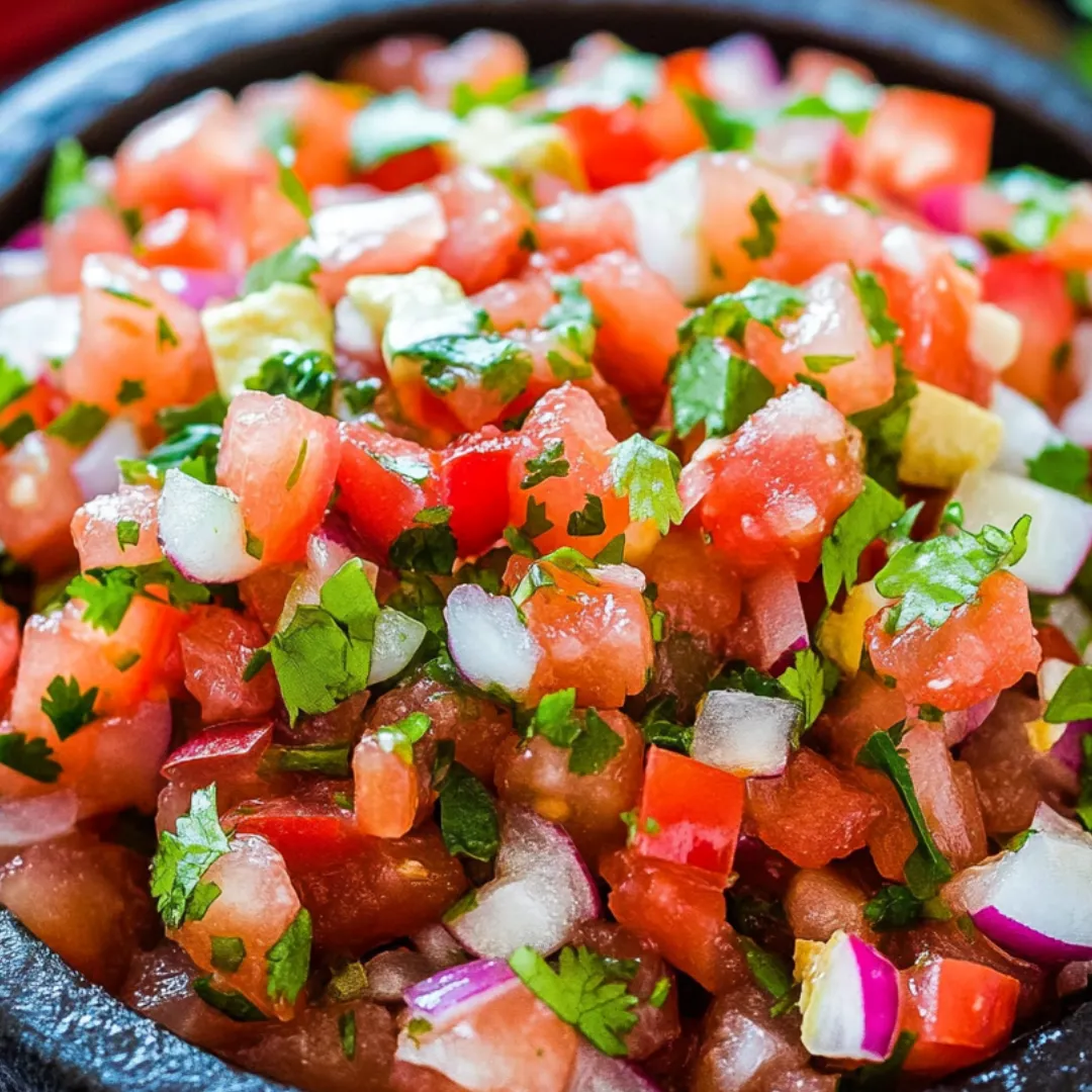 Bright salsa loaded with tomatoes, onions, and cilantro in a bowl.