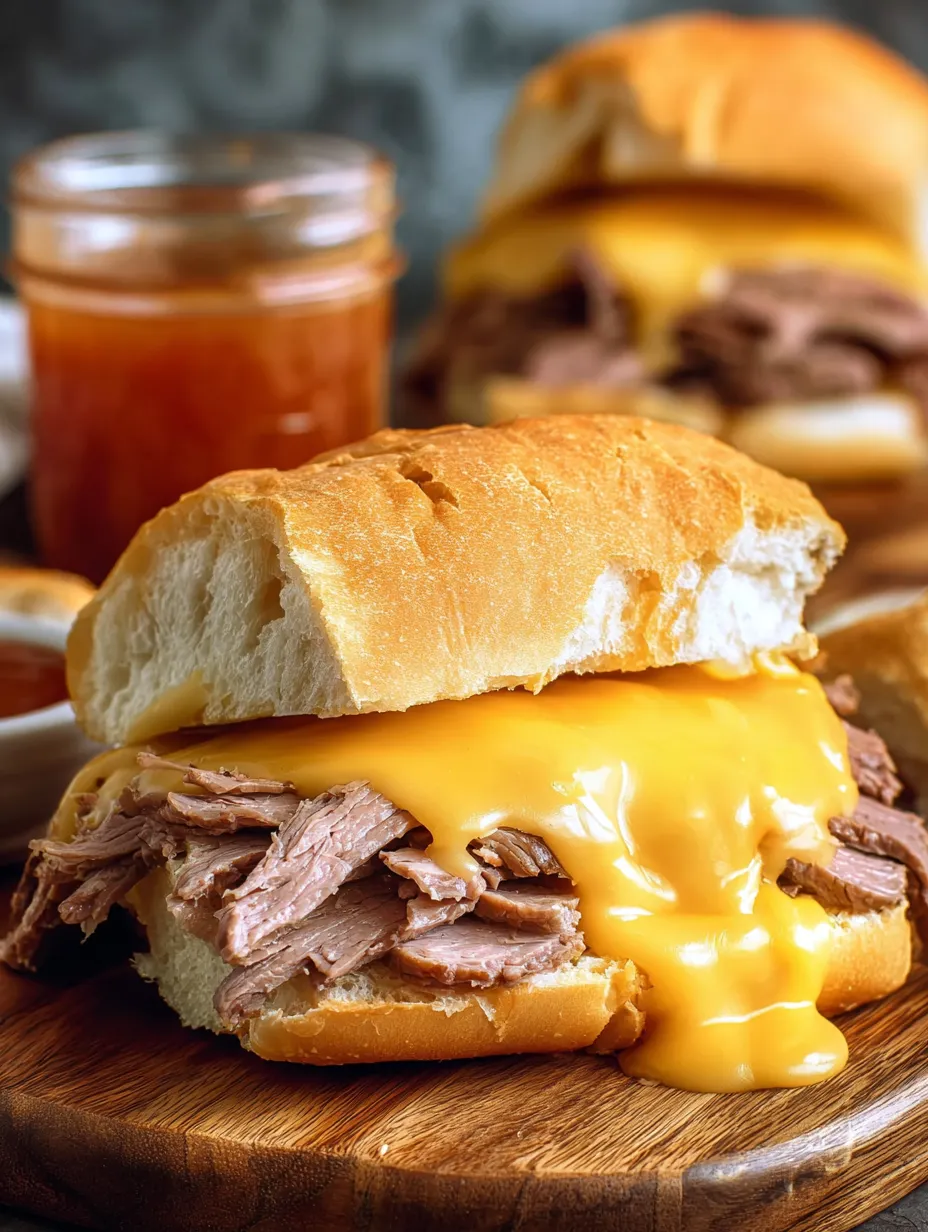 A sandwich with meat and cheese on a wooden table.