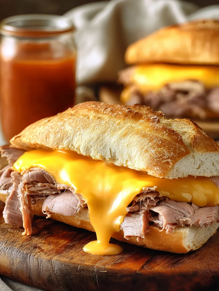 A close up of a sandwich with cheese and meat.