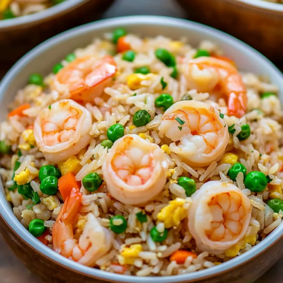 Shrimp and peas packed into a bowl of rice.