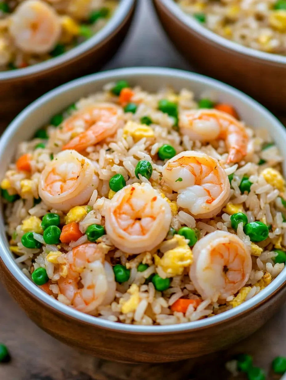 A bowl of rice with shrimp and peas.